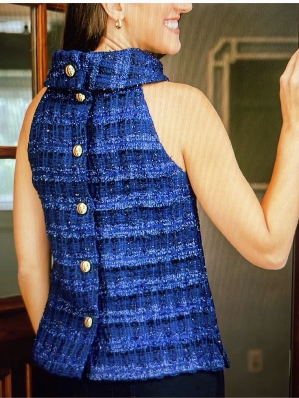 Sail to Sable Navy Tweed Sleeveless ButtonBack Shell Sparkly Shimmer Holiday NWT